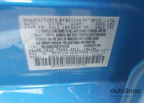 2025 Nissan Sentra Sv from USA, damaged, VIN 3N1AB8CV6SY315725